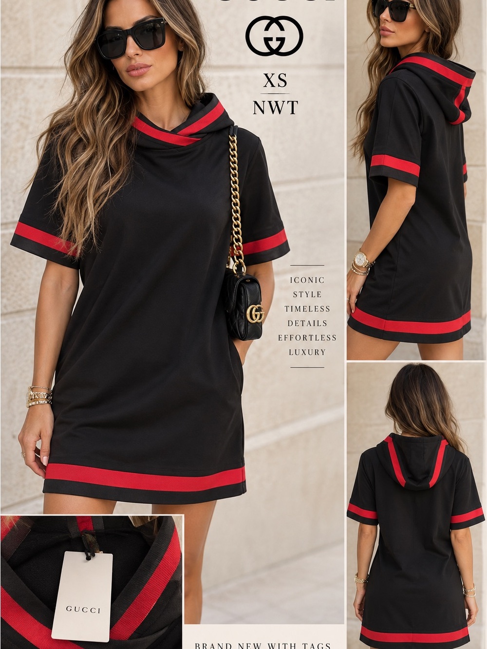 Gucci Black Mini Dress with Red Trim Hooded Shift
